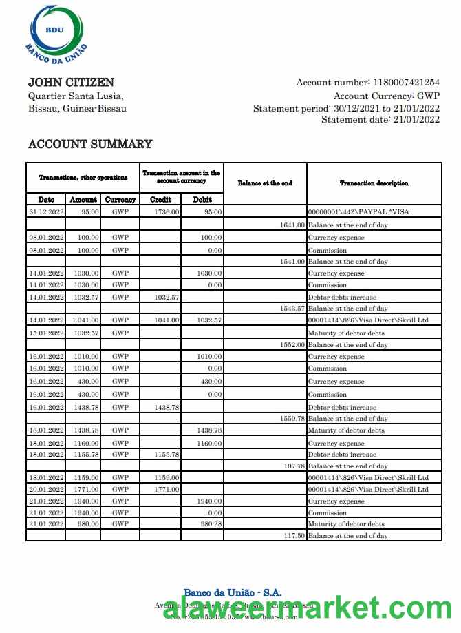 Guinea-Bissau Banco da Uniao bank statement xls